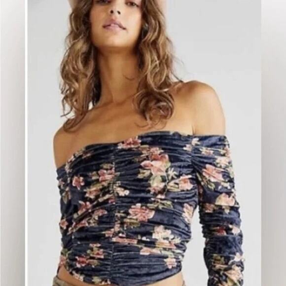 Free People Reina Off The Shoulder Romantic Crushed Velvet Top Blue/Pink- XS NWT - Picture 1 of 14